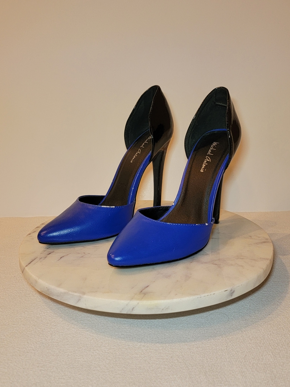 Michael Antonio Cobalt Royal Blue and Patent Black D'Orsay Pointed Toe Stilettos
